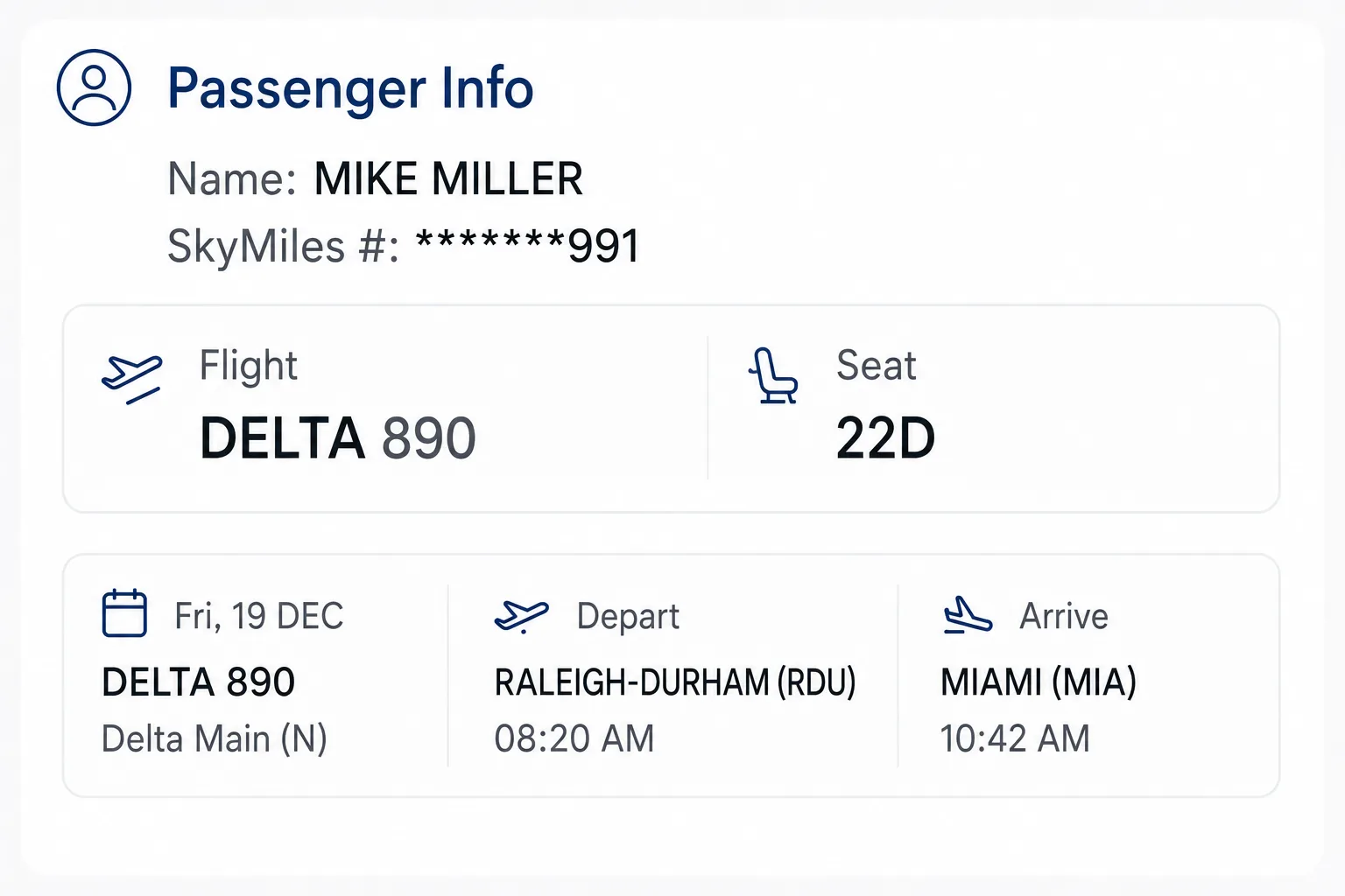Delta booking confirmation — Mike Miller, flight 890, RDU to MIA