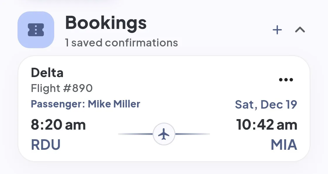 TallyTrip Bookings — Delta Flight 890, RDU to MIA, Sat Dec 19