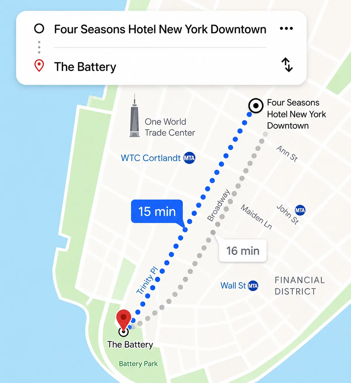 Google Maps route from Four Seasons Hotel New York Downtown to The Battery