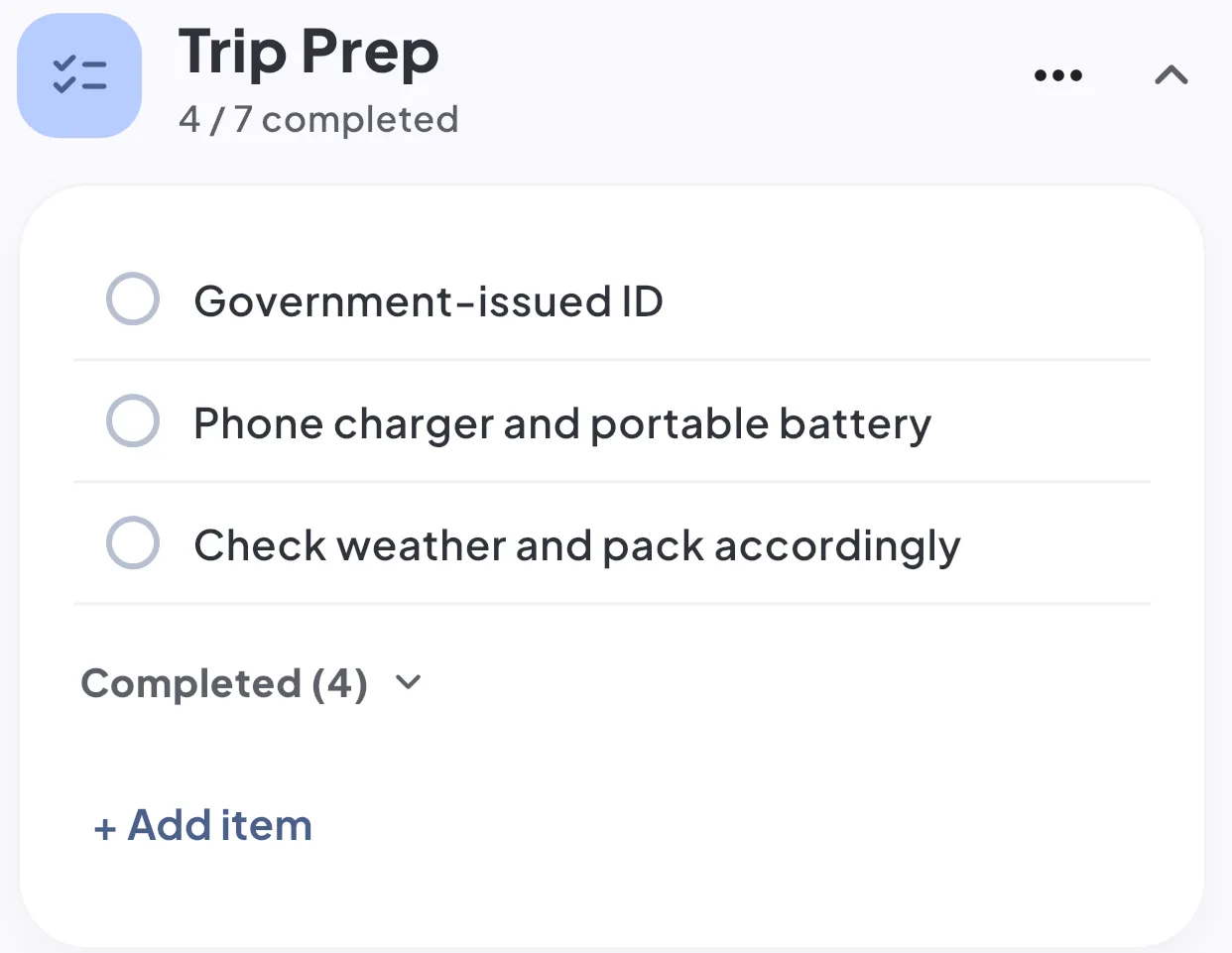 Trip Prep checklist — 2 of 7 completed